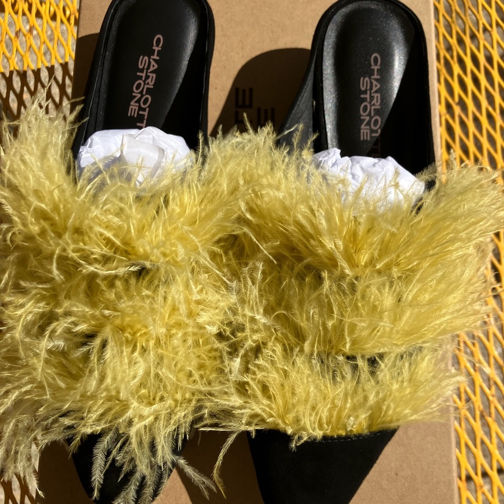 Charlotte Stone Black Velvet Mules with Yellow Fur Accent